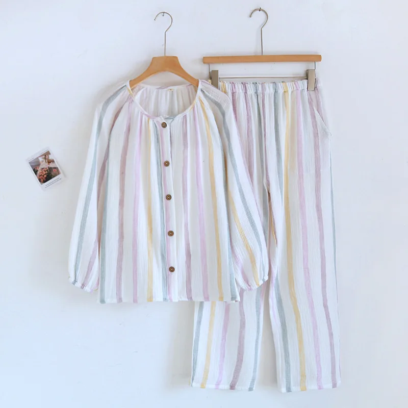 Pyjama Femme Manches Longues Rayé - Coton, Col Rond, Pantalon Large, Confort Nuit