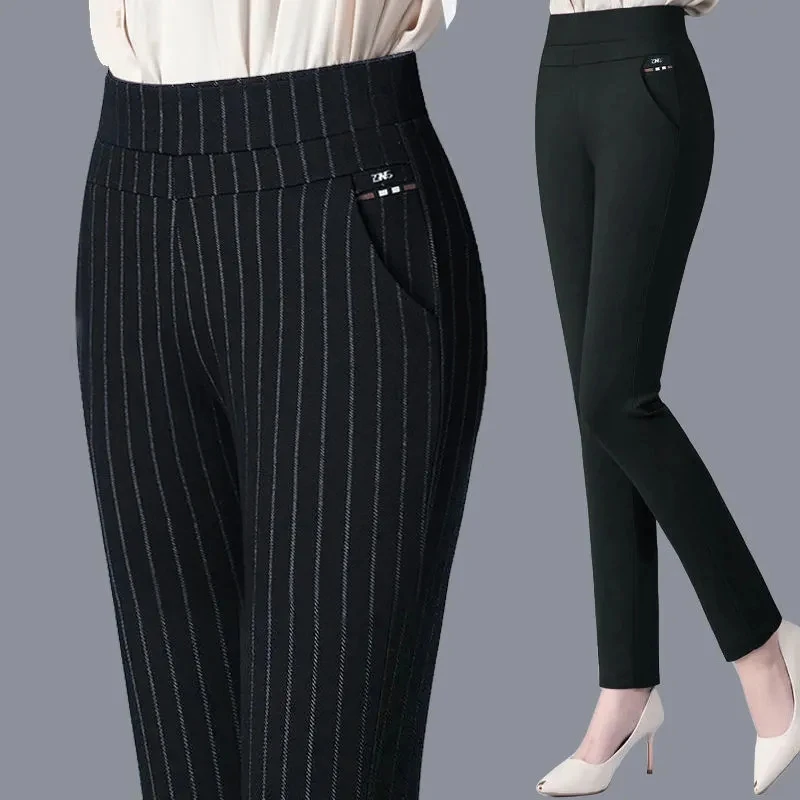 2025 Autumn/Winter Casual Elegant Office Lady Pencil Pants Thin Thick Fleece Women's Slim Solid Color Elastic Waist Tight Pants 6