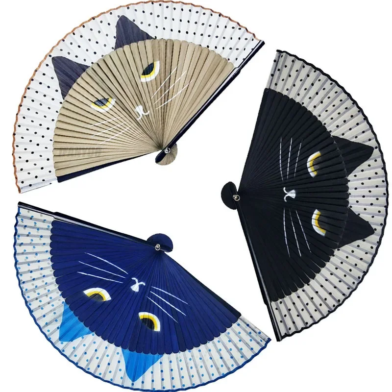 1Pc Cat Pattern Bamboo Folding Fan Japanese Style Women Lovely Cartoon Kitten Hand Fans Handheld Fan Crafts Home Decoration folding fan hand fan