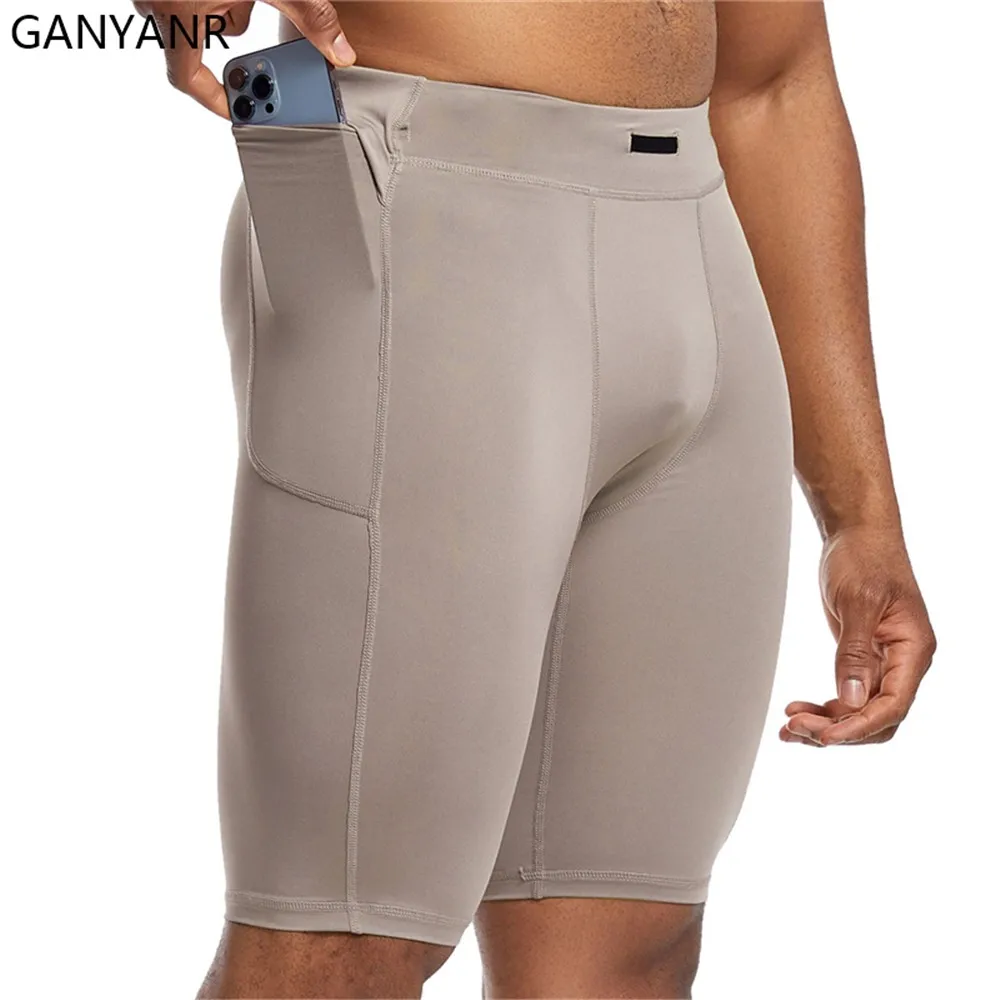 GANYANR mens running tights shorts with pockets Compression Cycling Yoga workout Leggings Football Sports gym basketball soccer sports shorts sports leggings compression pants