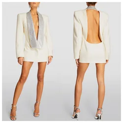3 Colors Shining Diamonds Sexy Deep V-Neck Backless Suit Dress Woman Evening Party Vestido Celebrate Nightclub Bar Party Outfit