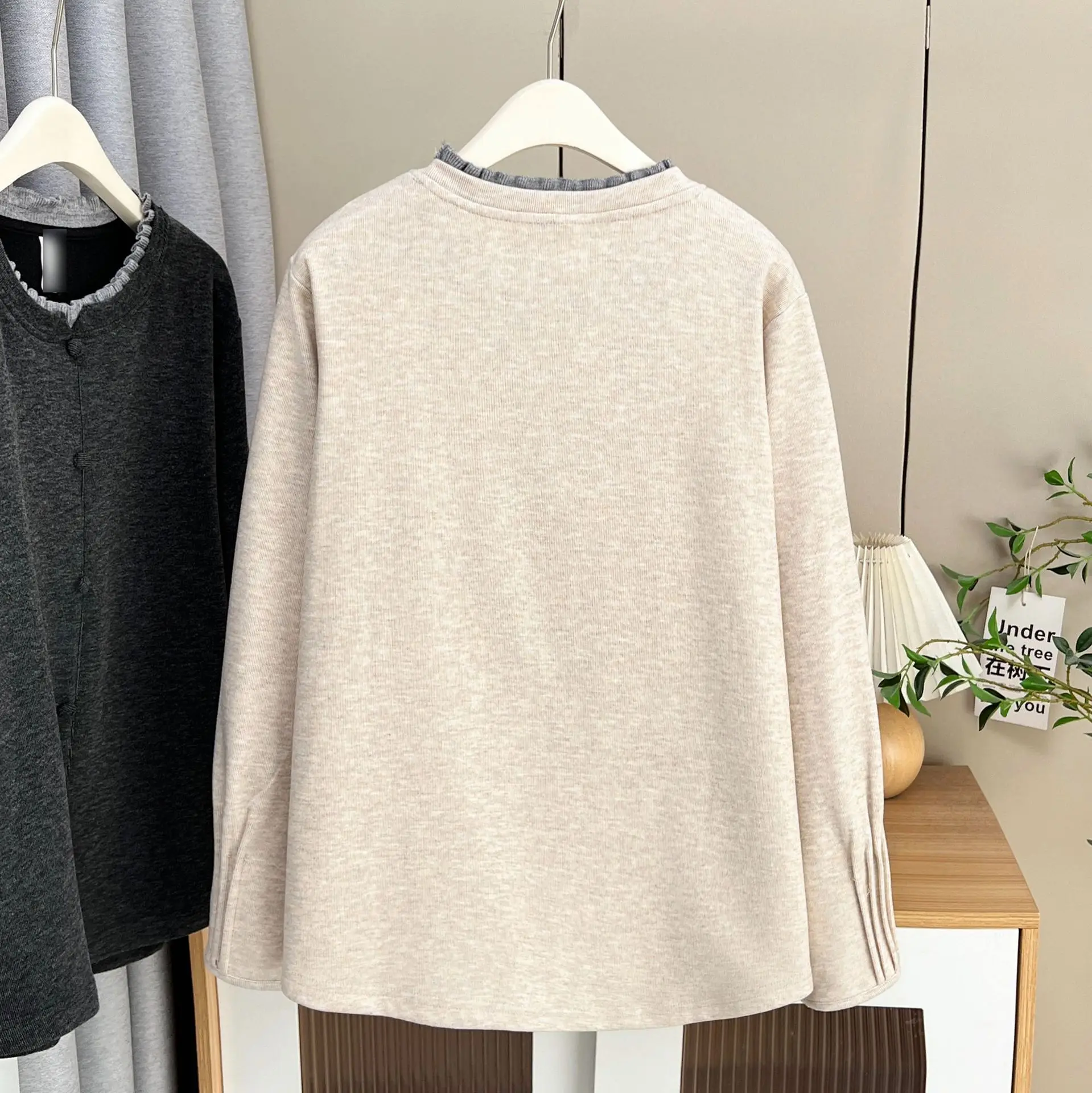 XXXXL Fashion Plus Size Woman Clothing T-Shirt 2025 Autumn Winter Color Block Ruffled Collar Cuffs Fold Fleece Warm Tops 318