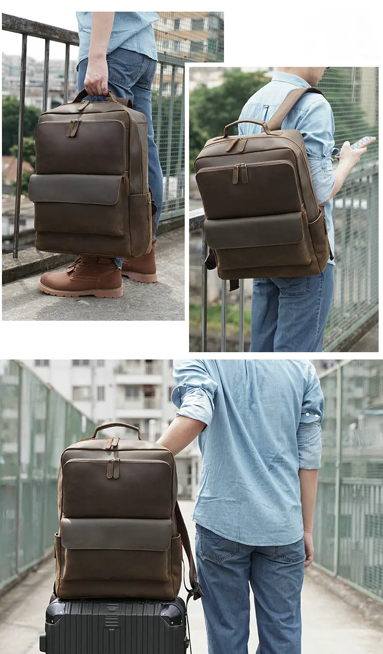 Unisex Black Leather Laptop Backpack Purse Bag
