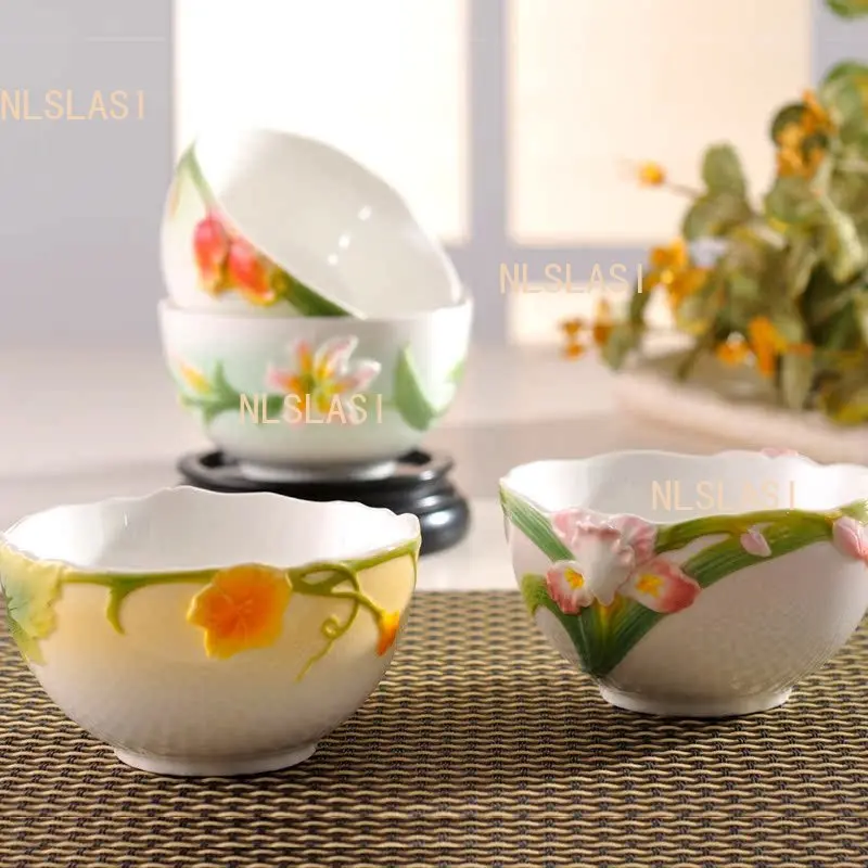 1pcs Enamel Porcelain Bowl Household Ceramic Salad Bowl Underglaze Colored Japanese Tableware Flower Shaped Fruit Bowl