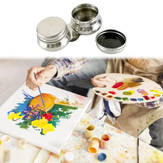 Stainless Steel Double Dipper Palette Cup With Lid - Oil Paint Pot For Artists - View #2