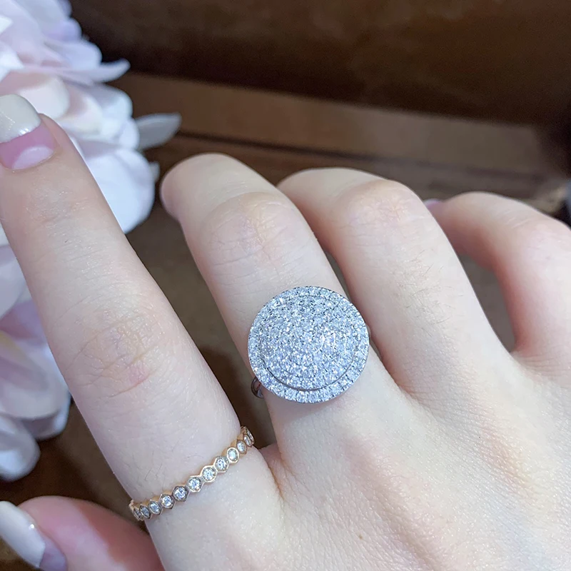 LUOWEND 18K White Gold Ring 1.0carat Natural Diamond Ring Luxury Round Halo Design for Women Wedding Engagement Party