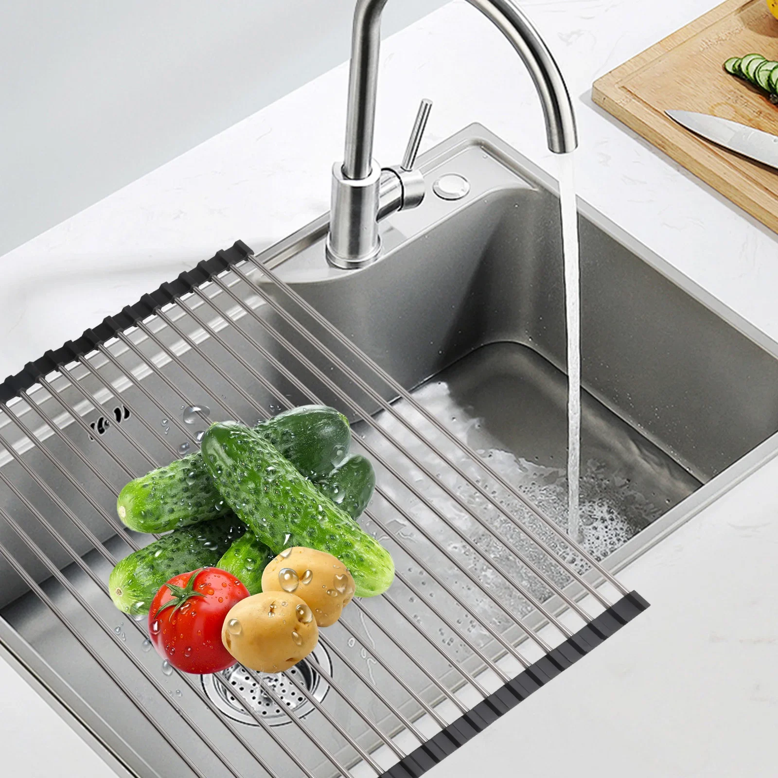 20 Tube Fruit Holder Sink Roller Foldable Kitchen Dish Drying Rack Stainless Steel Bowl Organizer Basket Racks Home Accessories 4