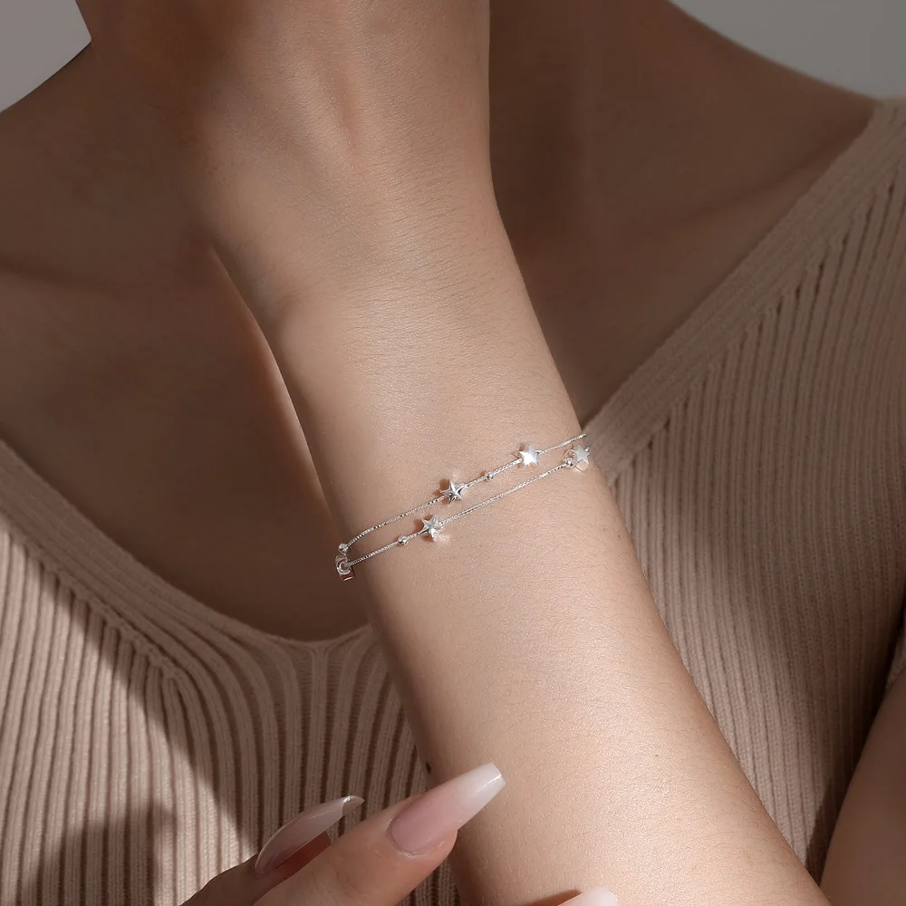 S925 Silver Double layered Layered Women's Fashion Design Sense Personalized Versatile Handicraft Star Bracelet