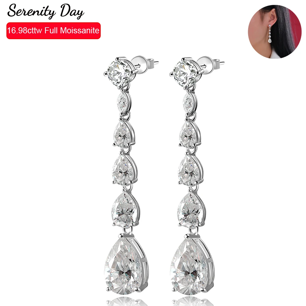 Serenity Day 16.98cttw Real D Color 9*13mm Pear Cutting Full Moissanite Long Tassel Earrings S925 Sterling Silver Fine Jewelry