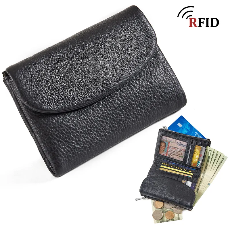 Women's RFID-Blocking Top-Grain Cowhide Wallet - Fashionable, Collapsible, and Spacious