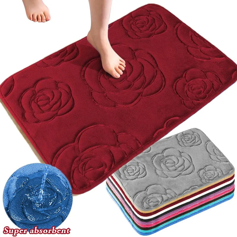 

1pc Bath Rugs Rose Flower, Embossed Bathroom Bath Mat, Flannel Non-Slip Carpet, Bathtub Floor Rug, Shower Room Doormat,