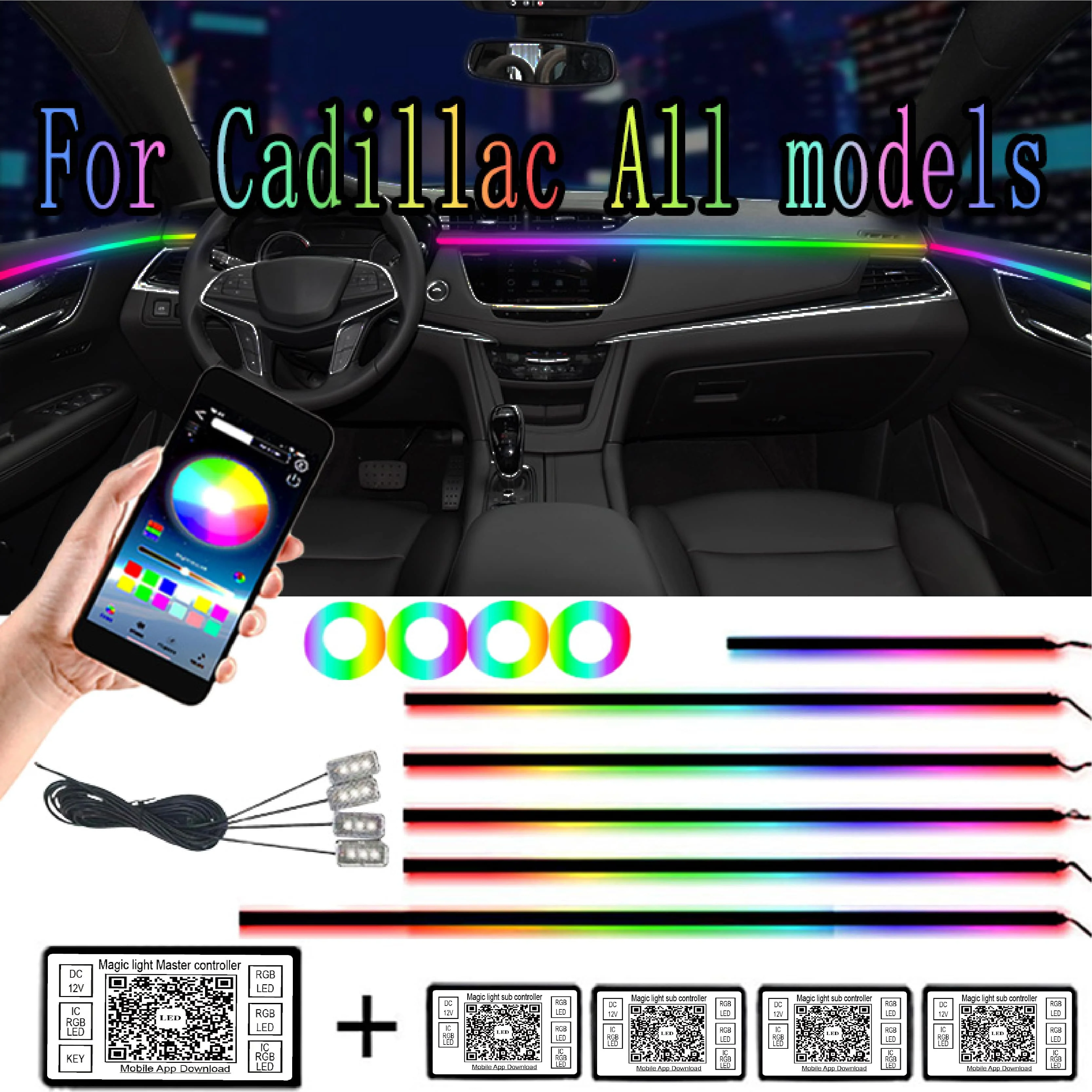 

18 in 1 64 Color RGB Symphony Car Atmosphere Interior Light Acrylic Guide Fiber Optic Universal Decoration Ambient For Cadillac