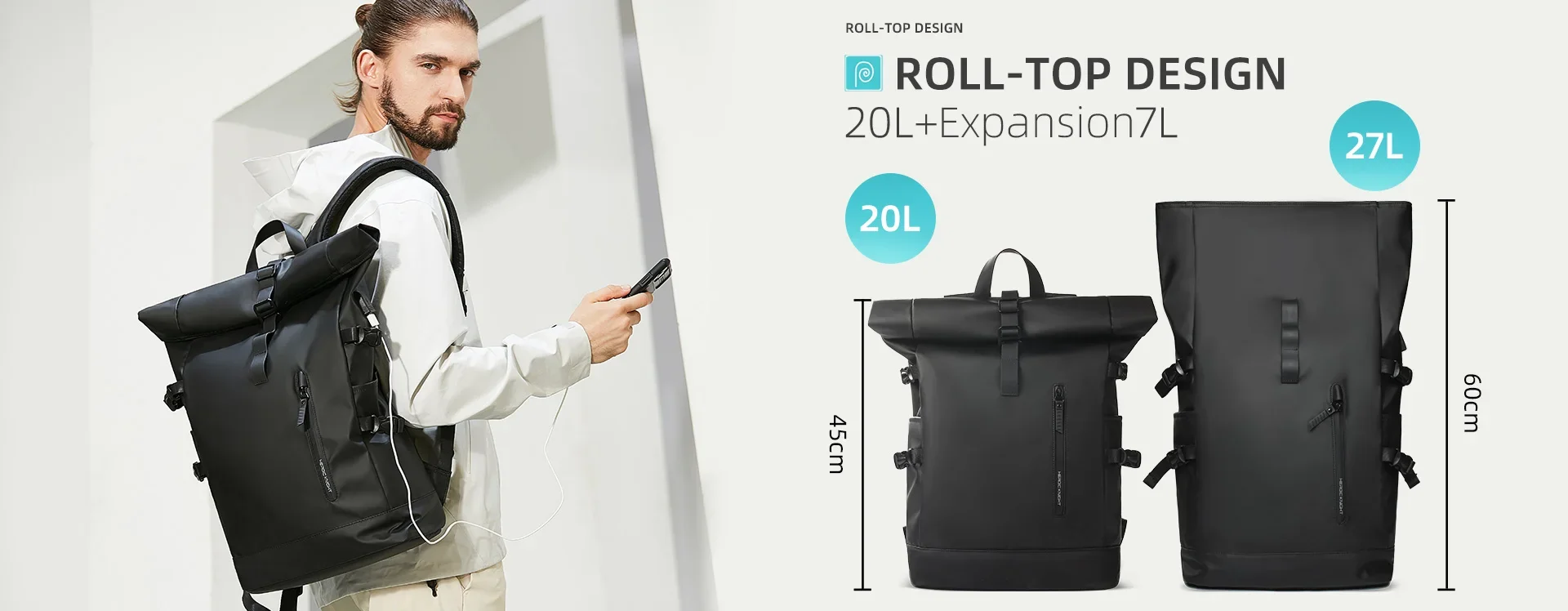 HcanKcan Erweiterbarer Herrenrucksack, wasserdicht, 15,6 Zoll, Laptoptasche, großes Fassungsvermögen, Wander-Reisetasche, Business-Rucksack, lässiger Tagesrucksack – Detail 1