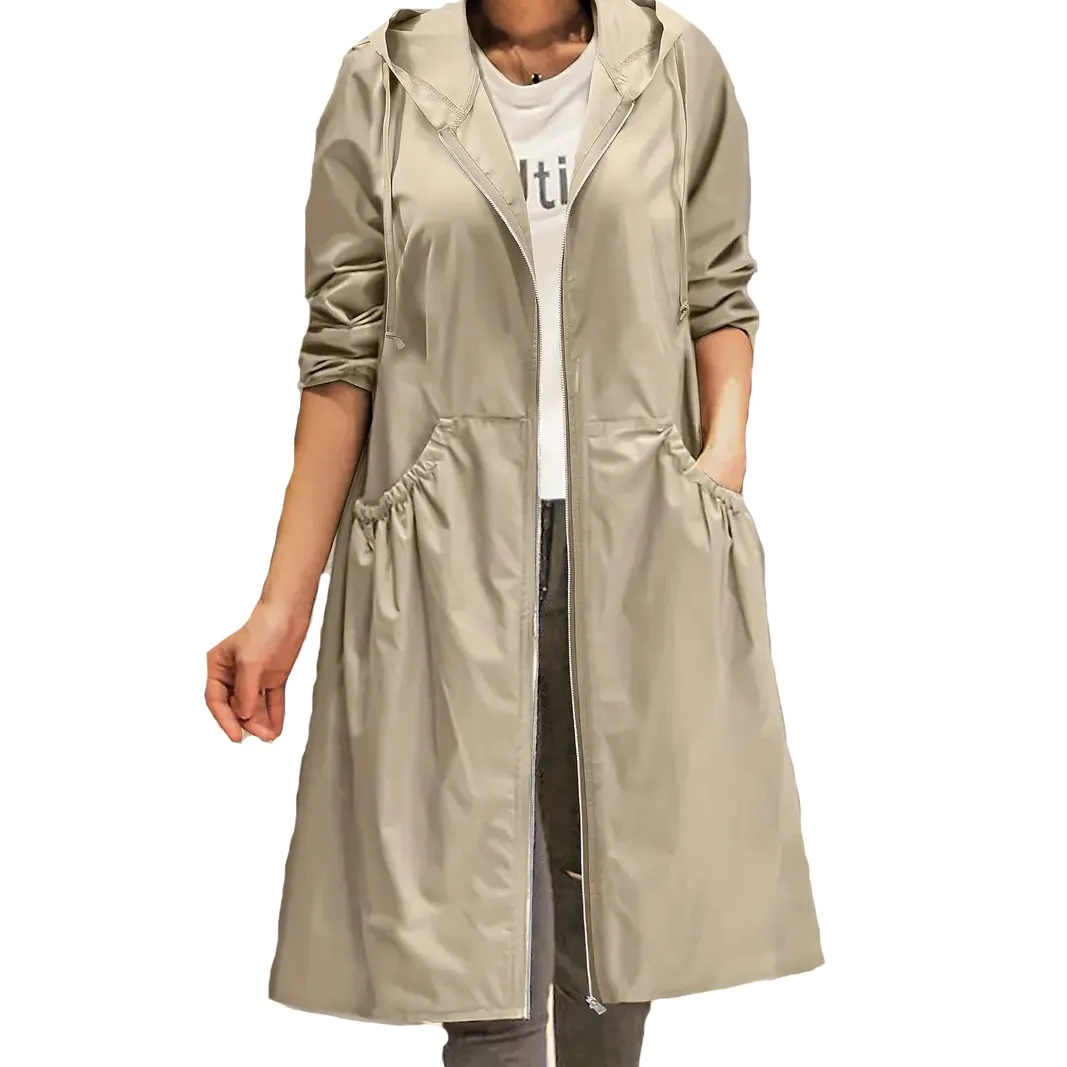 

Women Mid-length Windbreaker Women Spring Autumn Hooded Zipper Placket Long Sleeve Pockets Solid Color Thin Trench Coat