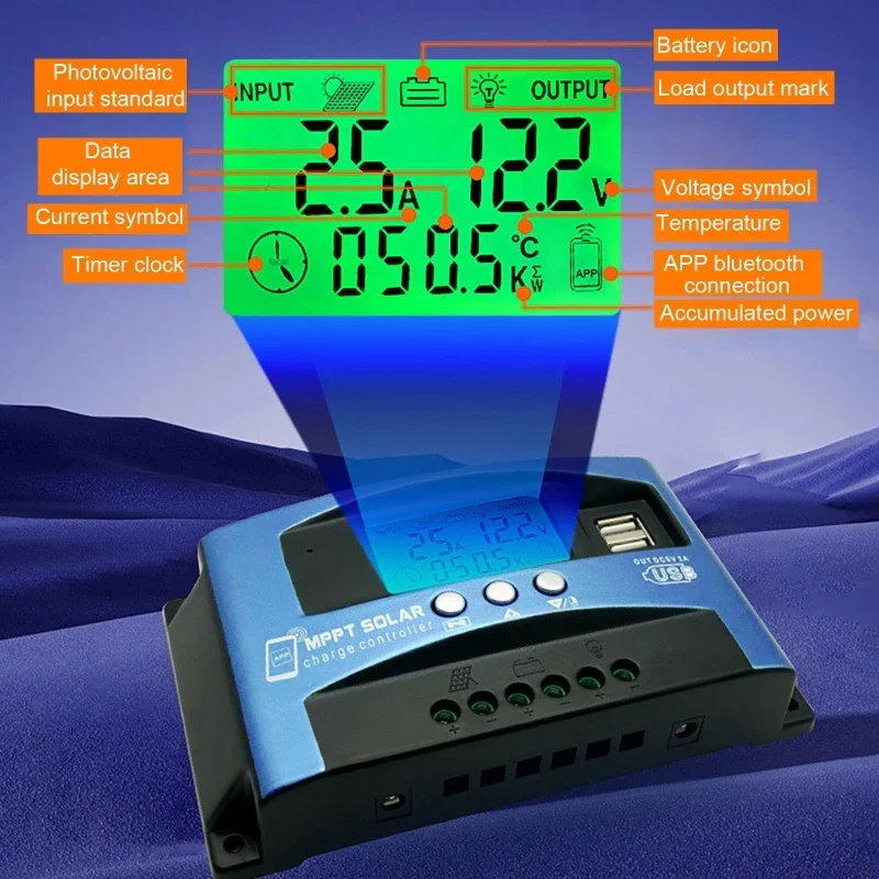 Description Picture 5 of itemMPPT Solar Charge Controller 30A -100A Bluetooth&WIFI Dual USB LCD Display 12V 24V Solar Cell Panel Charger Regulator with Load
