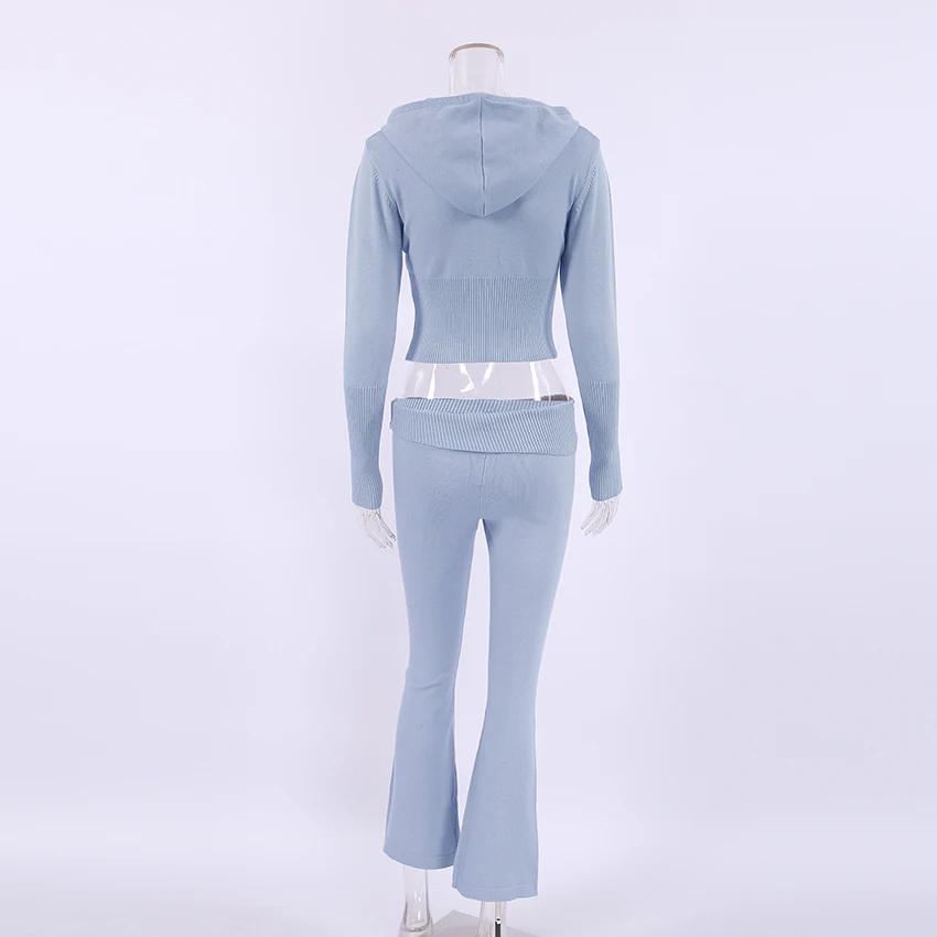 Knit Hoodie And Pants Sets Women Outfits Low Waist Knitted Cropped Top Sweat Leggings Women Two Piece Set Tracksuit New
