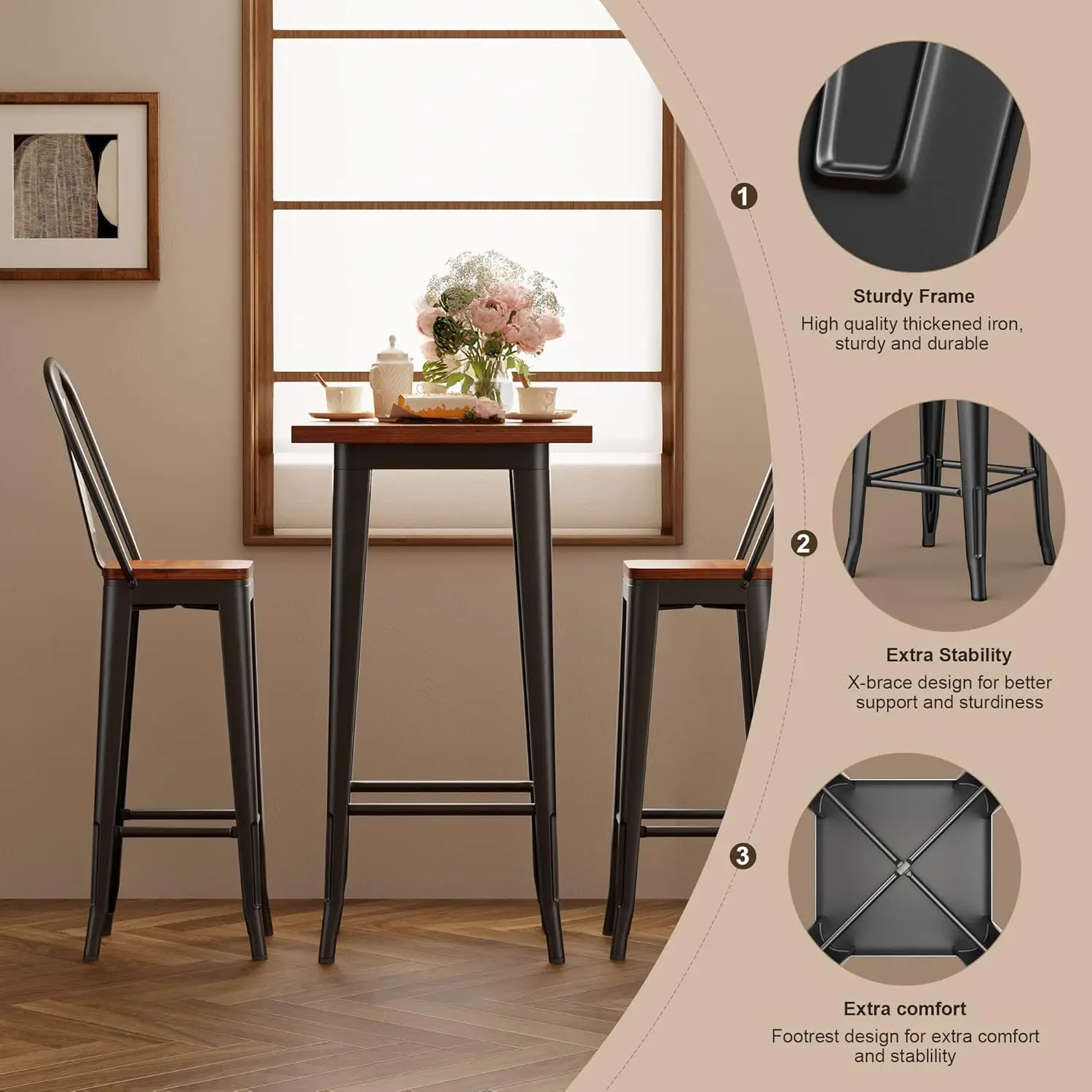 Bar Table and Chairs Set, Pub Table and Chairs Set of 2, with Elm Solid Wood Thickened Metal Frame, for Bar, Small Spac