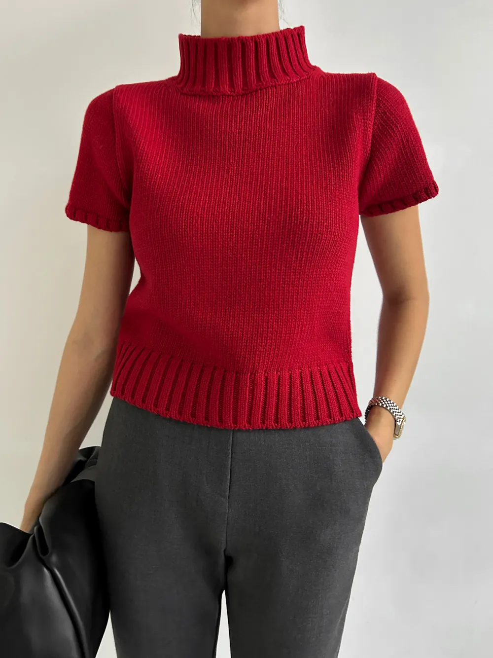 Description Picture 5 of itemHigh Collar Short Sleeve Sweater Korean Chic Ropa Mujer Loose Casual Pullover Spring Summer Womens Clothing Solid Knitwears