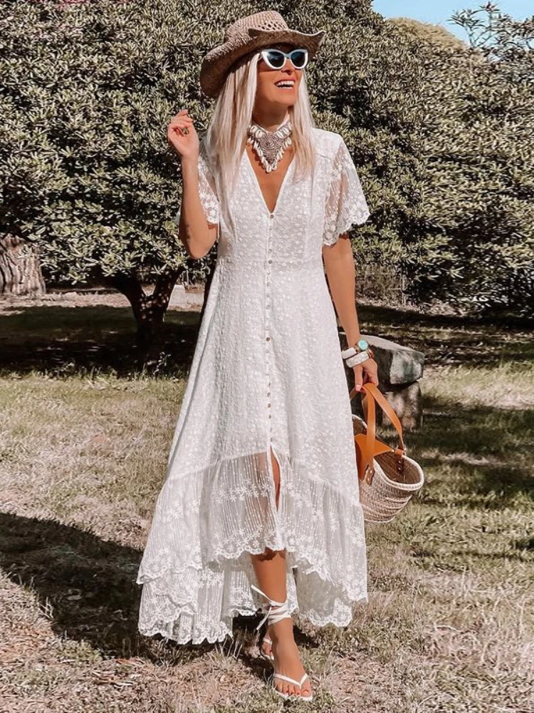 Robe Décolleté V Élégante Taille En Dentelle