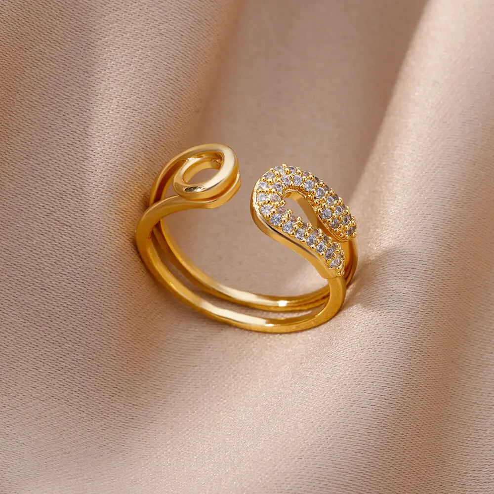 Zircon Pin Rings For Women Stainless Steel Gold Plated Opening Adjustable