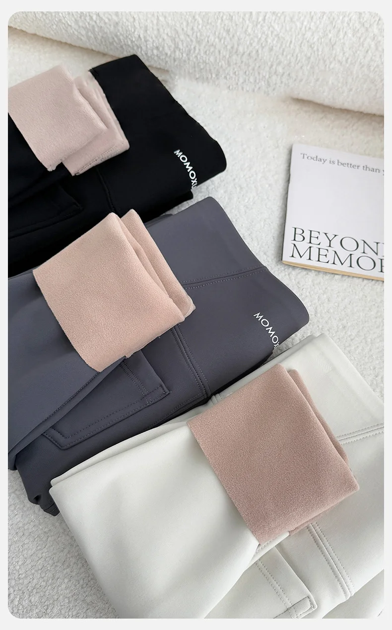 BIVIGAOS Fall Winter Fleece Warm Back Pocket Sharkskin Leggings Women High Waist Casual Thick Velvet Leggings Tight Brushed Pant