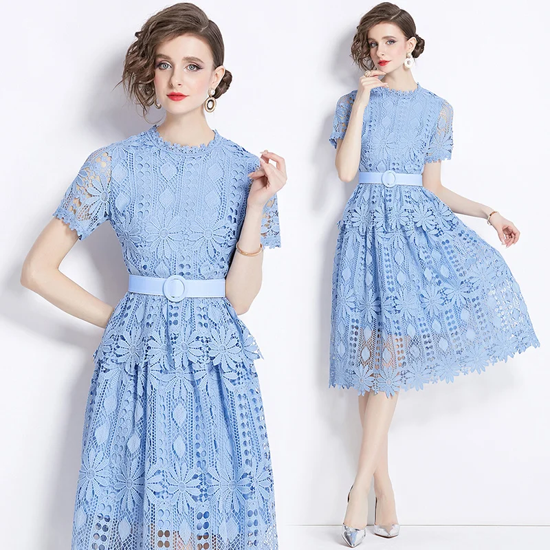 

2024 Summer New Light Luxury Fashion Hook Flower HoIIow Lace Dresses Women's O-Neck Lace-up Slim Fit Elegant A-line Long Dress