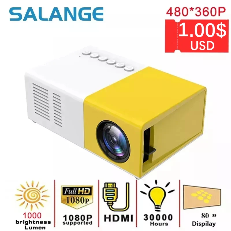 Portable projector Mini projector Video projector Salange J9 Pro Projector 1000 lumens 480x360 Pixels 3.5mm Audio HDMI USB Mini LED Projector Home Media Player PK YG300