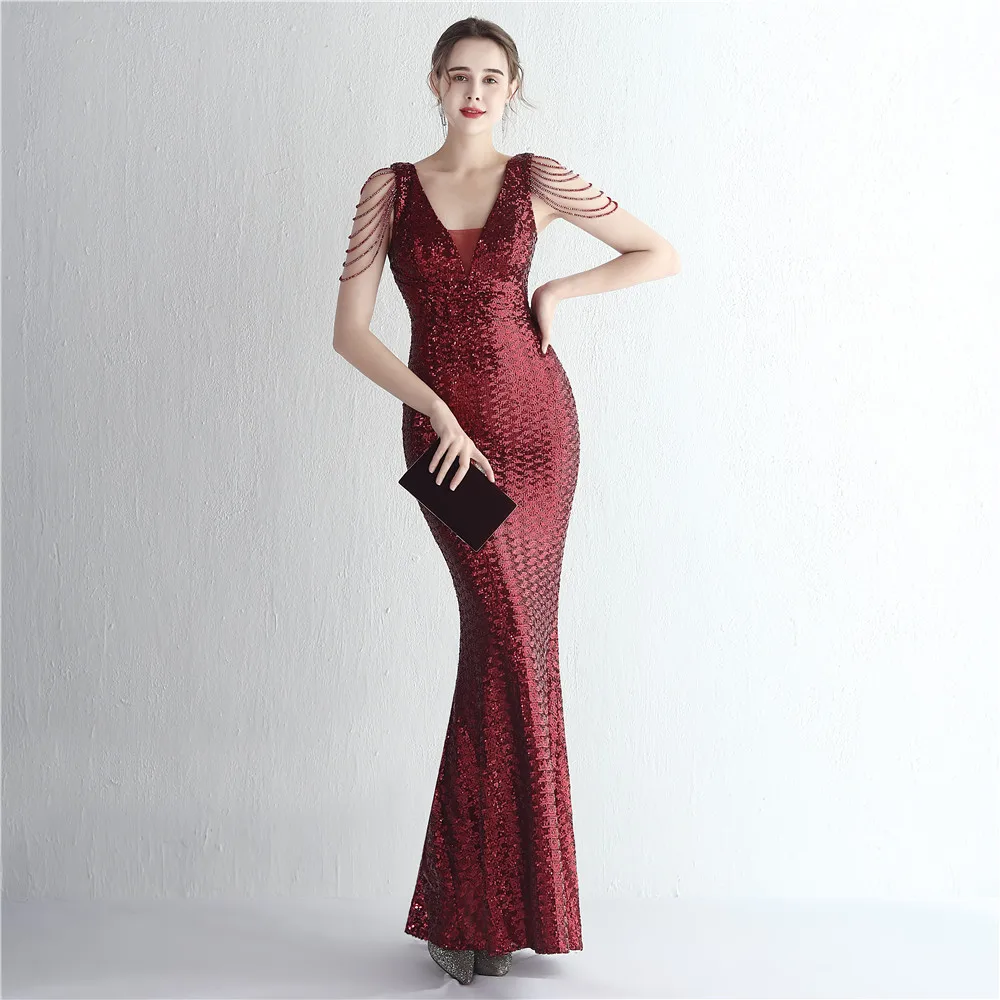 Women 1920s Plus Size Formal Dress Tassels Sleeve Sequins Gatsby Maxi Evening Gown