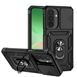 Deluxe Armor Phone Case with Ring Holder and Slide Lens Stand for Galaxy S25 Ultra (Black)