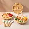 1pcs/3pcs Wooden Feeding Tableware Sets Baby Feeding Bowl Bamboo Non-slip Waterproof Fork Spoon for kids Baby Wooden Plate 1