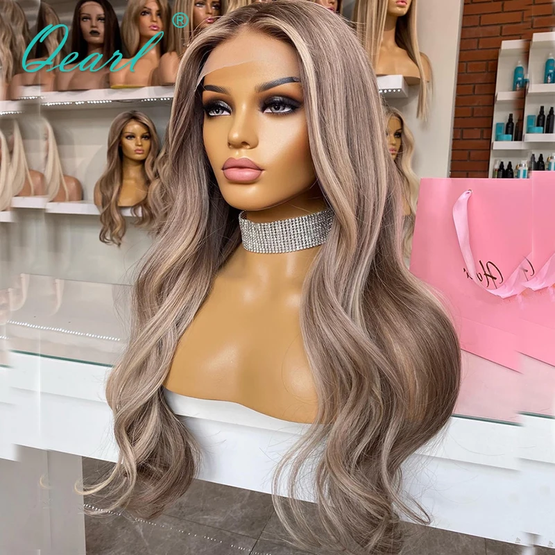 Body Wave Full Lace Wig Dark Grey ASh Highlights Blonde Colored Lace Frontal Wigs 13x6 Real Human Hair Wig 180% Glueless Qearl