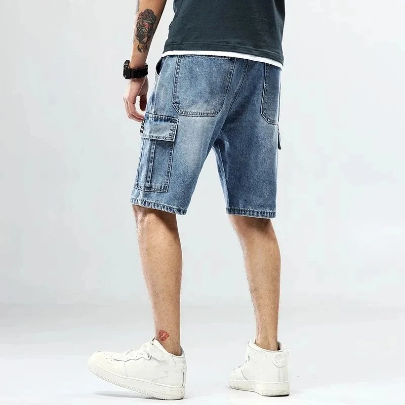 Plus Size 40 Men's Loose Blue Denim Shorts Summer New Big Pocket Straight Jeans Cargo Shorts Male Plus Size Five Point Pants