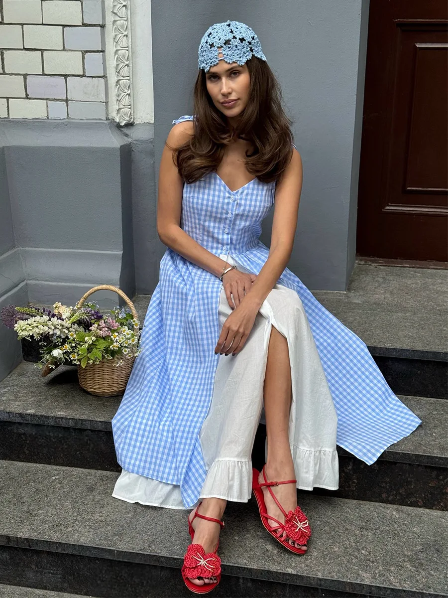 Bornladies Women's 2026 Summer New Blue Plaid Dress Fresh Vacation Style Spliced Sleeveless Dress
