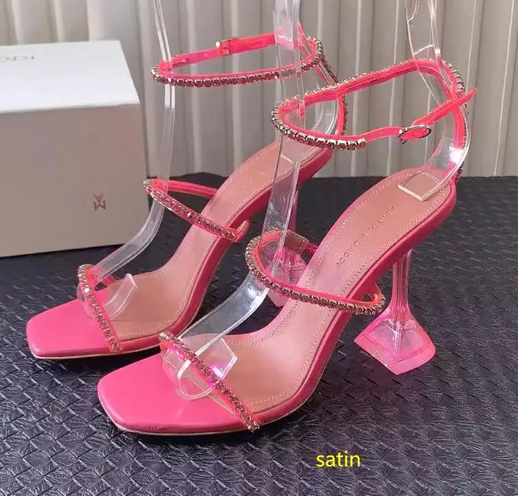 

Ladies pink satin heels design crystal AMINA MUADDI Gilda Glass Sandal ankle strap Square toe transparent Diamond sculpted heels