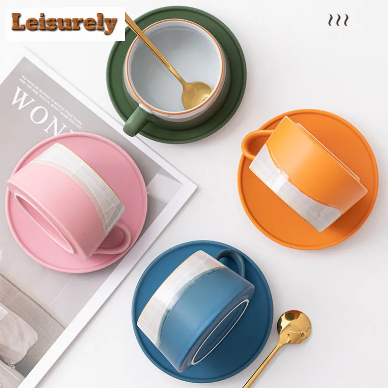 250ml Mountain and Sea Painting Scroll Coffee Mug with Plate Oatmeal Breakfast Mug Afternoon Tea Mug Cup Saucer Kit Tea Services