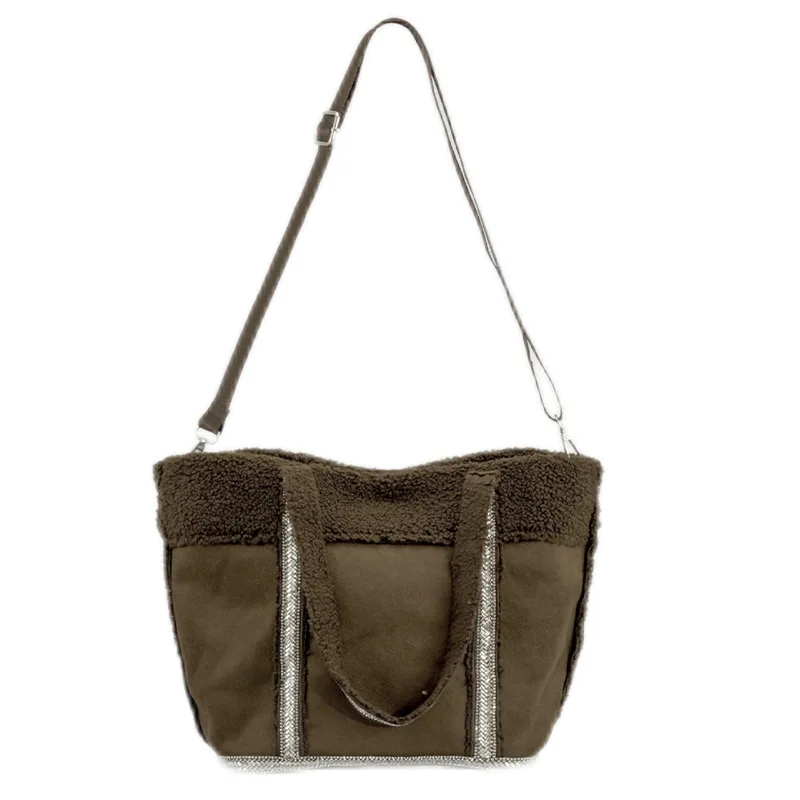 

Women's Autumn Winter Fur Integrated Magnetic Button Handbag Small Design Diamond Handle Shoulder Messenger Bag Tote Bags