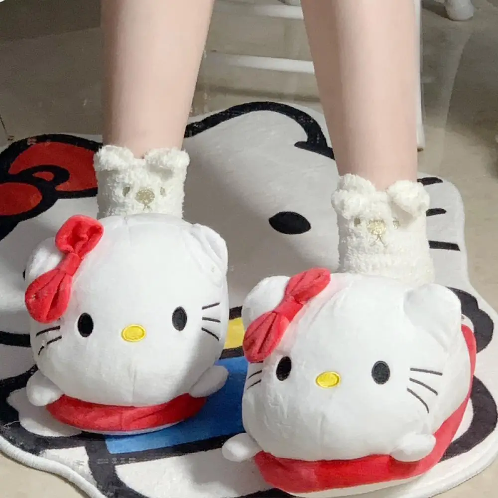 

Sanrioed плюшевые тапочки с большой головой Hello Kitty для женщин аниме Kawaii мультфильм Домашняя хлопковая обувь зимняя теплая женская домашняя обувь с сердцем для студентов