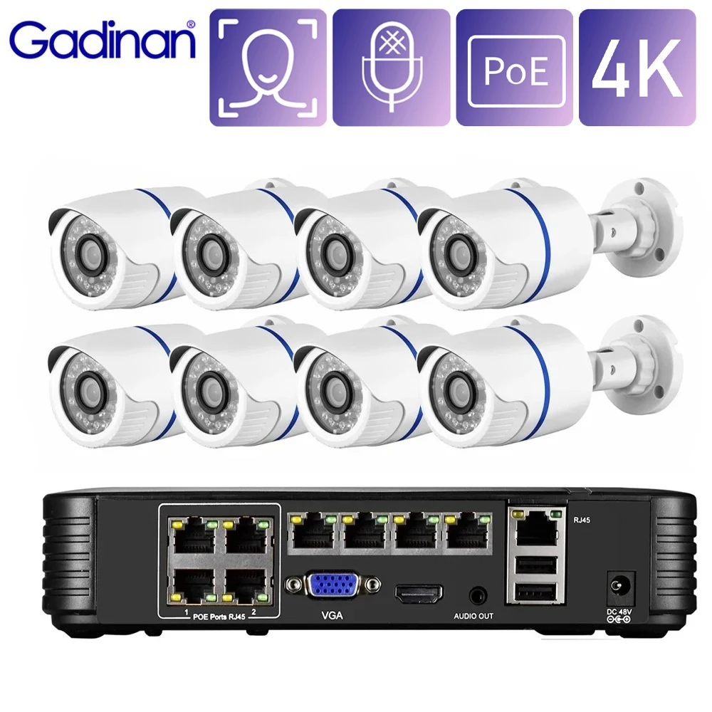 

Gadinan Video Record POE NVR Kit Outdoor Audio HD 8MP 4K IP Camera AI Human Detection Security System Video Surveillance Set ﻿