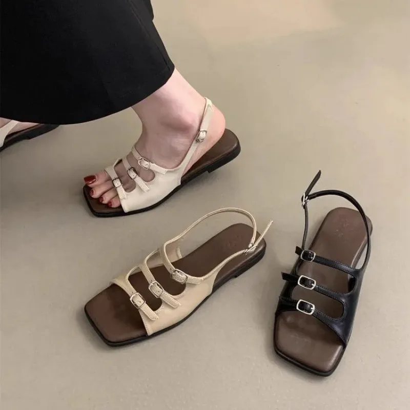 New Fashion Women Buckle Flat Sandals Retro Romen Beach Shoes Ladies Casual Peep Toe Soft Comfortable Sandalias
