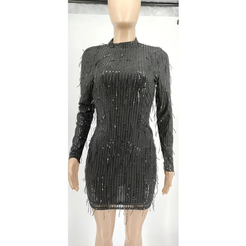Plus Size Clothes for Women Club Half High Collar Solid Bright Silk Long Sleeve Spring Autumn Elegant Tassel Pullover Mini Dress
