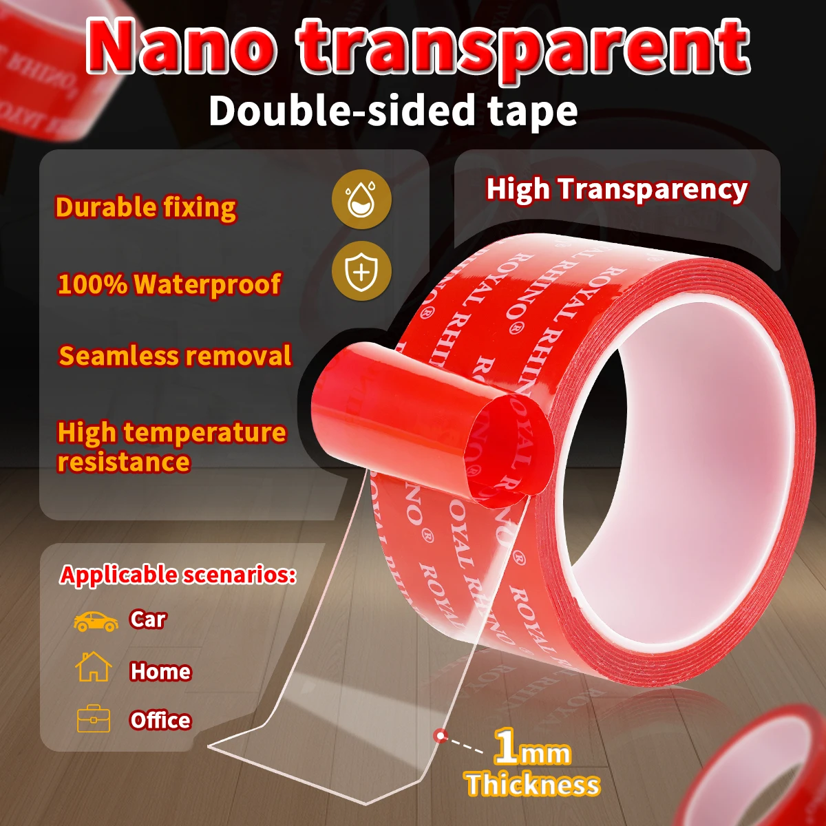 เทปกาวสองหน้าอะคริลิคใส กาวเหนียวแน่น กันน้ำ ไม่มีรอย ทนต่ออุณหภูมิสูง สำหรับบ้านและรถยนต์ 1