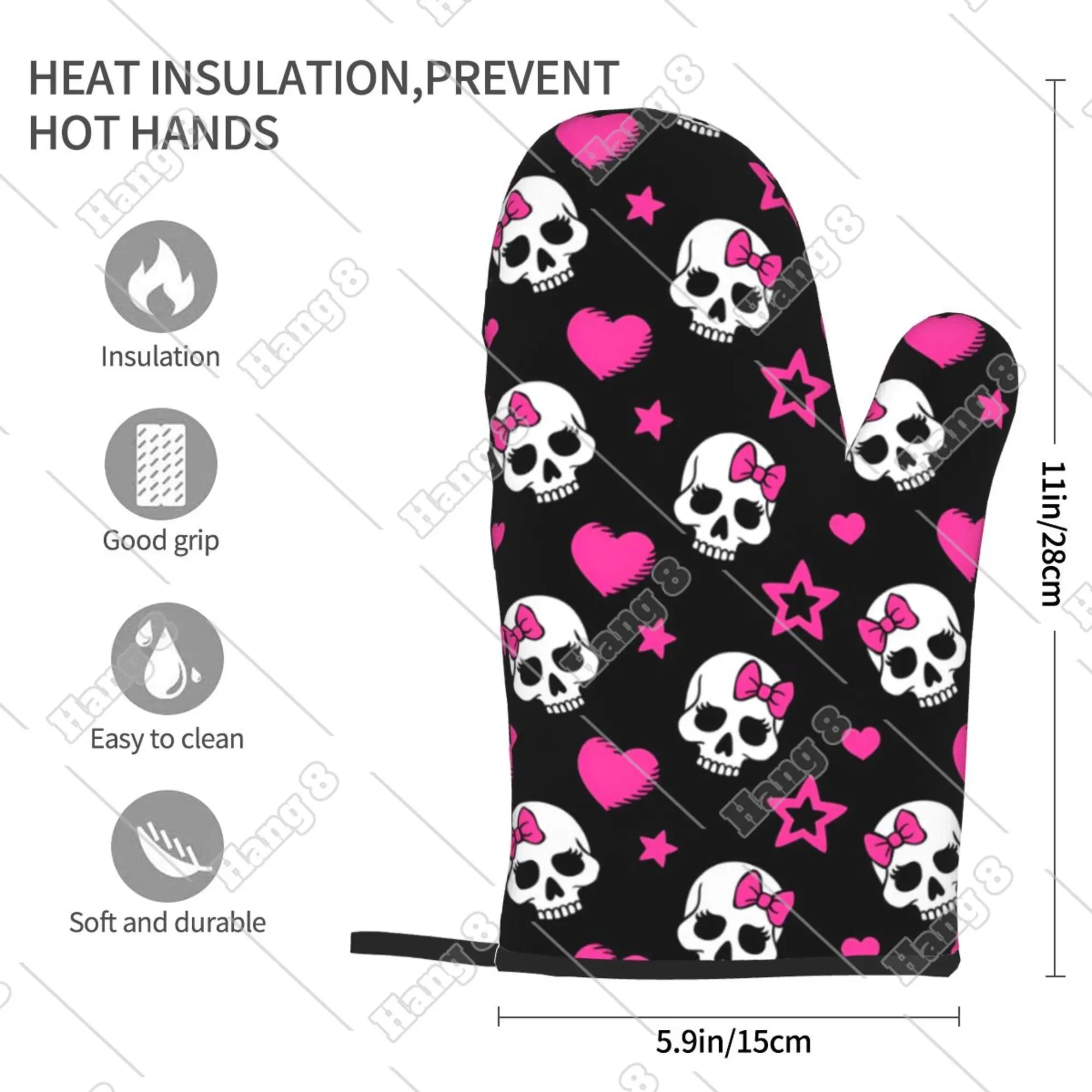 Sweet Skulls Cartoon Pink Oven Mitts Oven Gloves Heat Resistant for Barbecue Microwave Ovens Kitchen Women Men Halloween 2pc