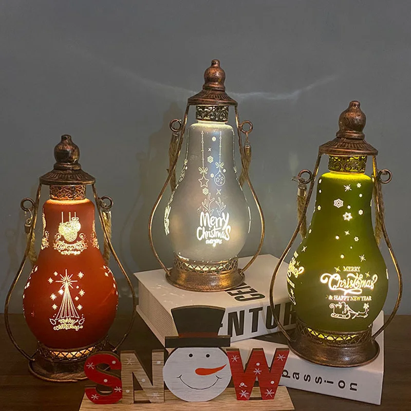 

2024 Christmas Lantern Lamp Glass LED Glowing Light Lantern Home Table Decoration Ornaments for Navidad Noel Xmas New Year Party