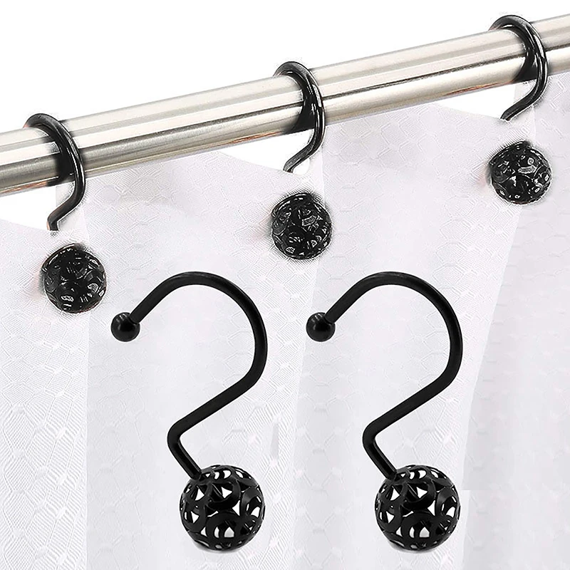 12/24 Pcs Rustproof Hollow Ball Shower Curtain Hooks Decorative Metal Shower  Curtain Rings for Bathroom Rod 22-30mm