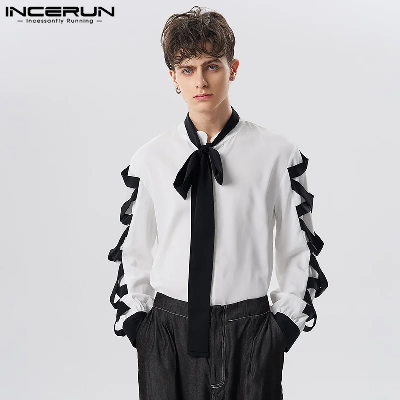 

INCERUN Tops 2023 American Style New Men Sleeve Ribbon Cross Design Shirts Casual Tie Neck Patchwork Contrast Color Blouse S-5XL