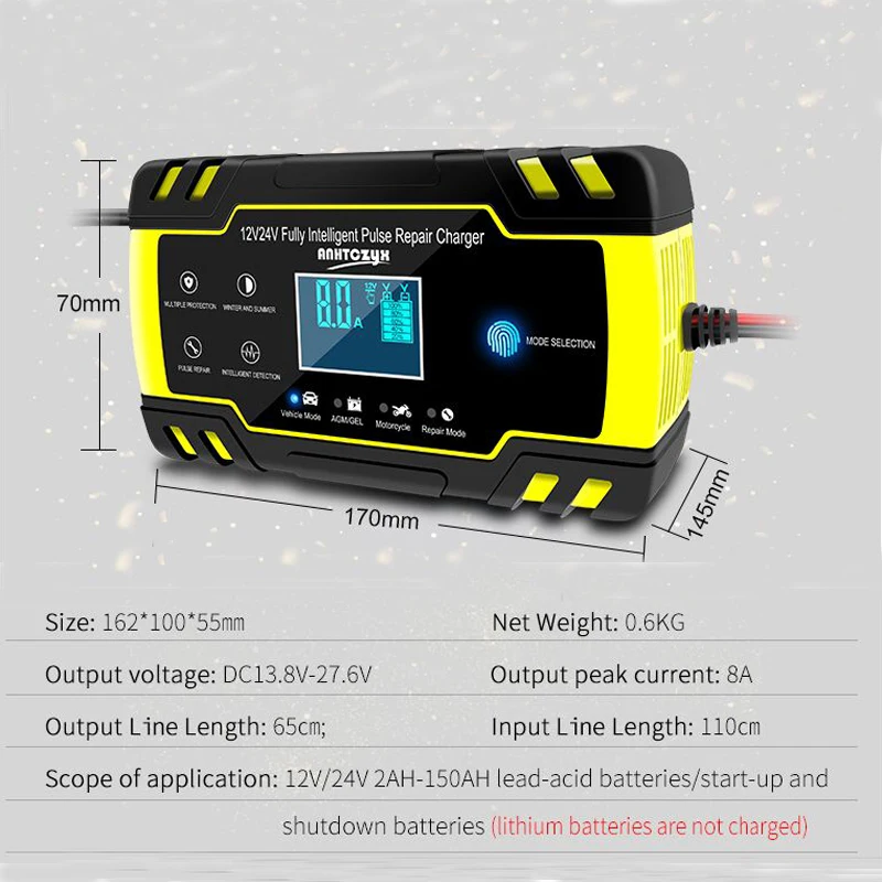 12V-24V 8A Full Automatic Battery-chargers Digital LCD Display Car Battery Chargers Power Puls Repair Chargers Wet Dry Lead Acid 5
