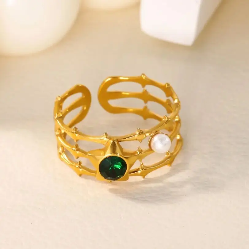 Zircon Geometric Star Pearl Rings for Women 18K Gold Plated Stainless Steel Ring