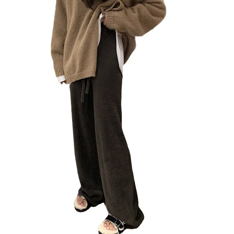 Soft Waxy Mink Wool Knitted Wide-leg Pants Women's Autumn and Winter Thick Slouchy Slouchy Slouchy Floor Length Pants korean