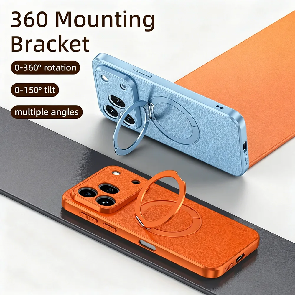 360° Rotating Ring Kickstand Magnetic Goatskin Leather Protective Case