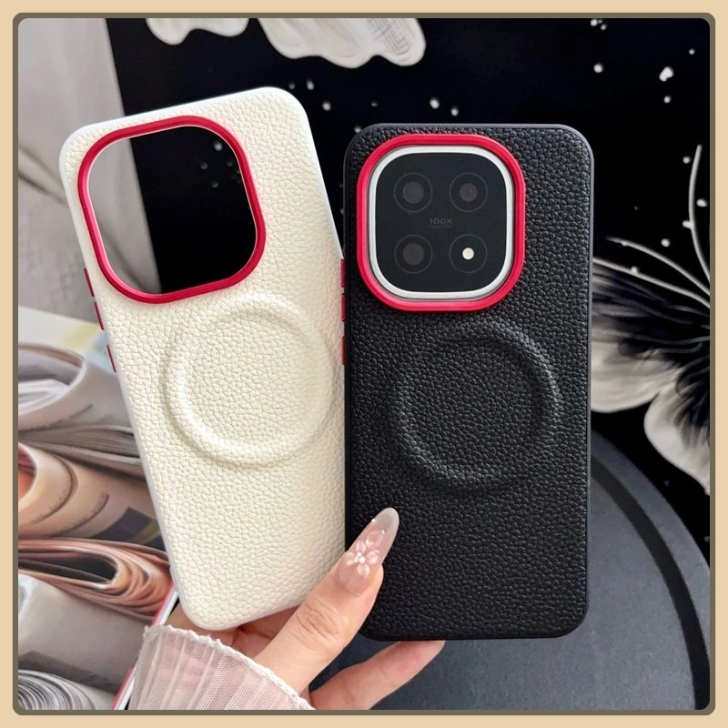 Luxury Magnetic Lychee Pattern PU Leather Non-Slip Case with Metal Camera Frame